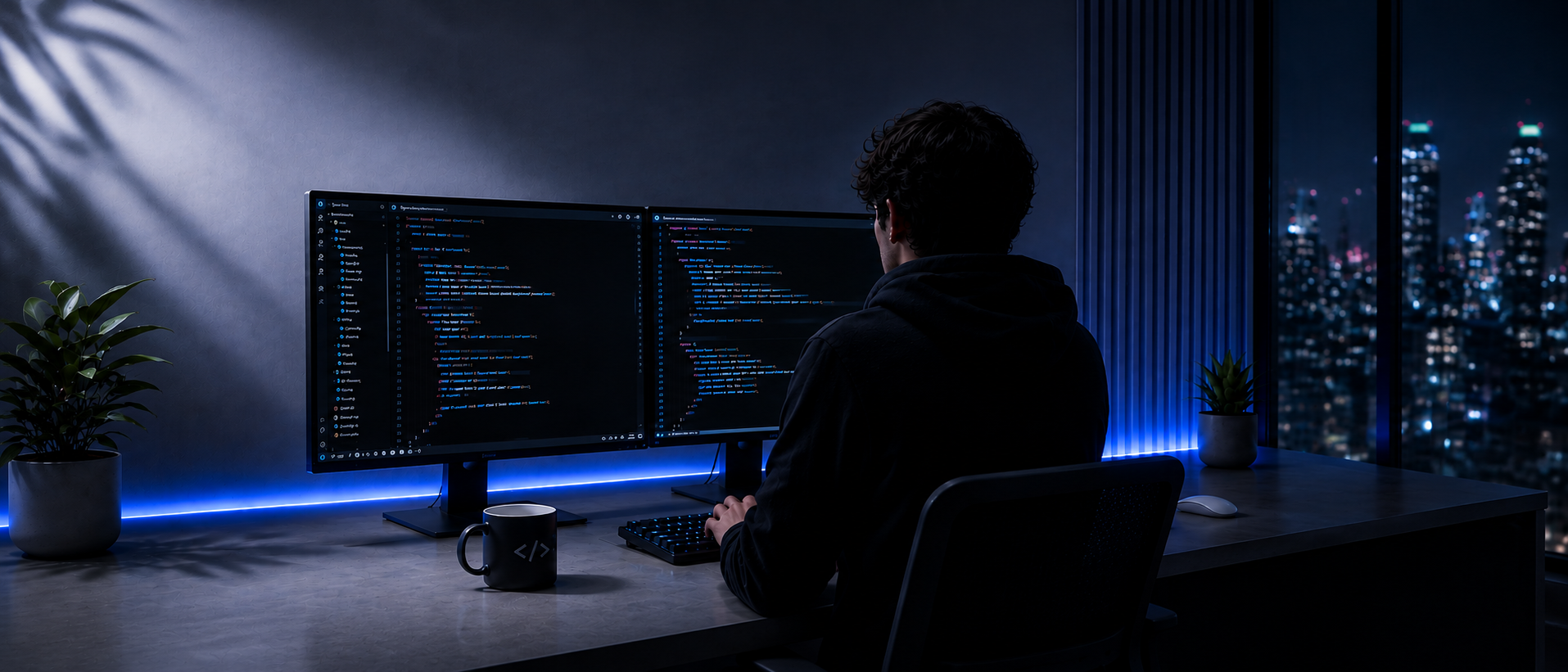 Developer working at a dual-monitor setup at night